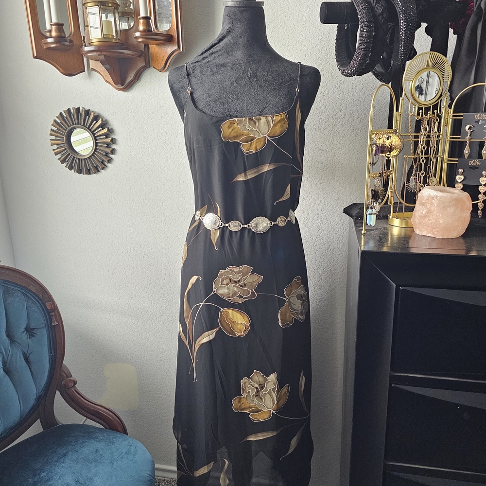 Mlle Gabrielle Black Dress with Gold Floral Accents